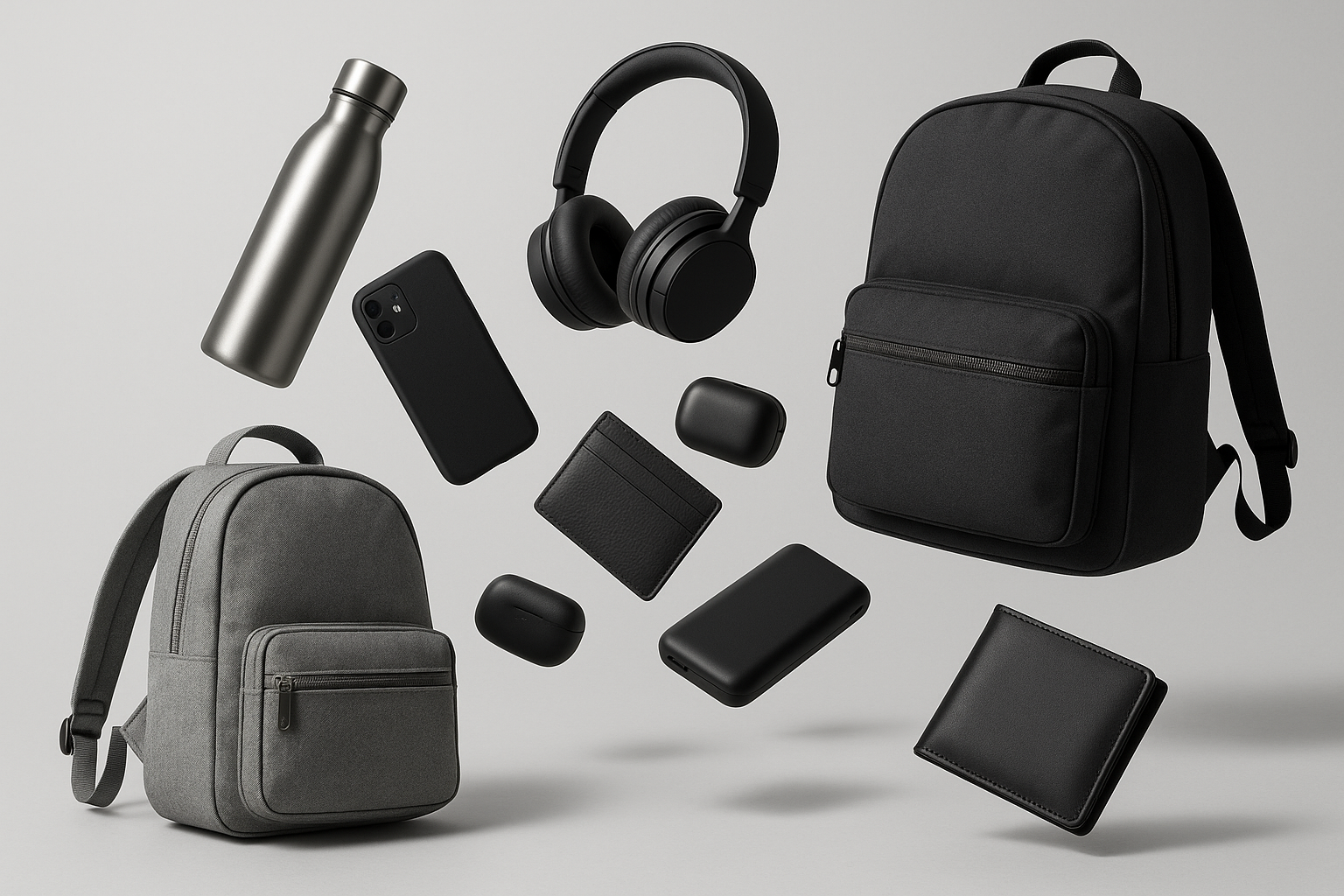 genera una imagen de productos flotando, como termo, audifonos, morrales, accesorios en general que sea una foto profesional y con un fondo gris claro